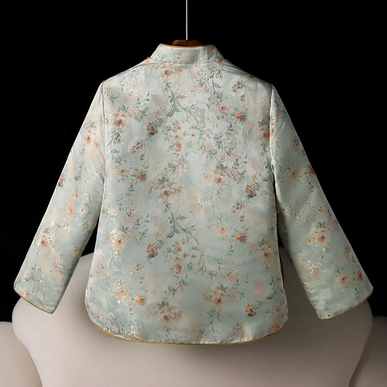 Autumn Winter Quilted Thickened Vintage Mandarin Collar Cotton Jacket for Women