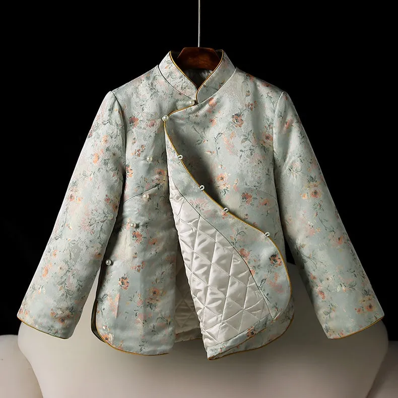 Autumn Winter Quilted Thickened Vintage Mandarin Collar Cotton Jacket for Women