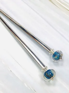 Blue Boro Art Glass Hair Sticks, hand made hair sticks, glass shawl pins