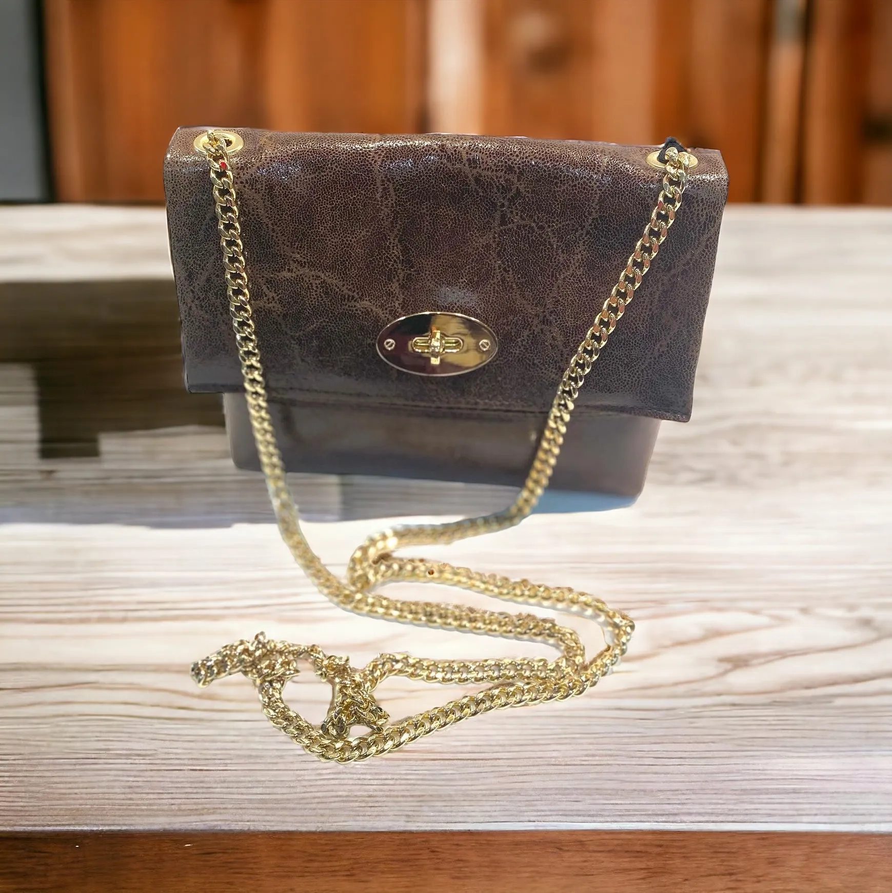 Brown Shiny Small Leather Crossover Bag With Long Gold Chain
