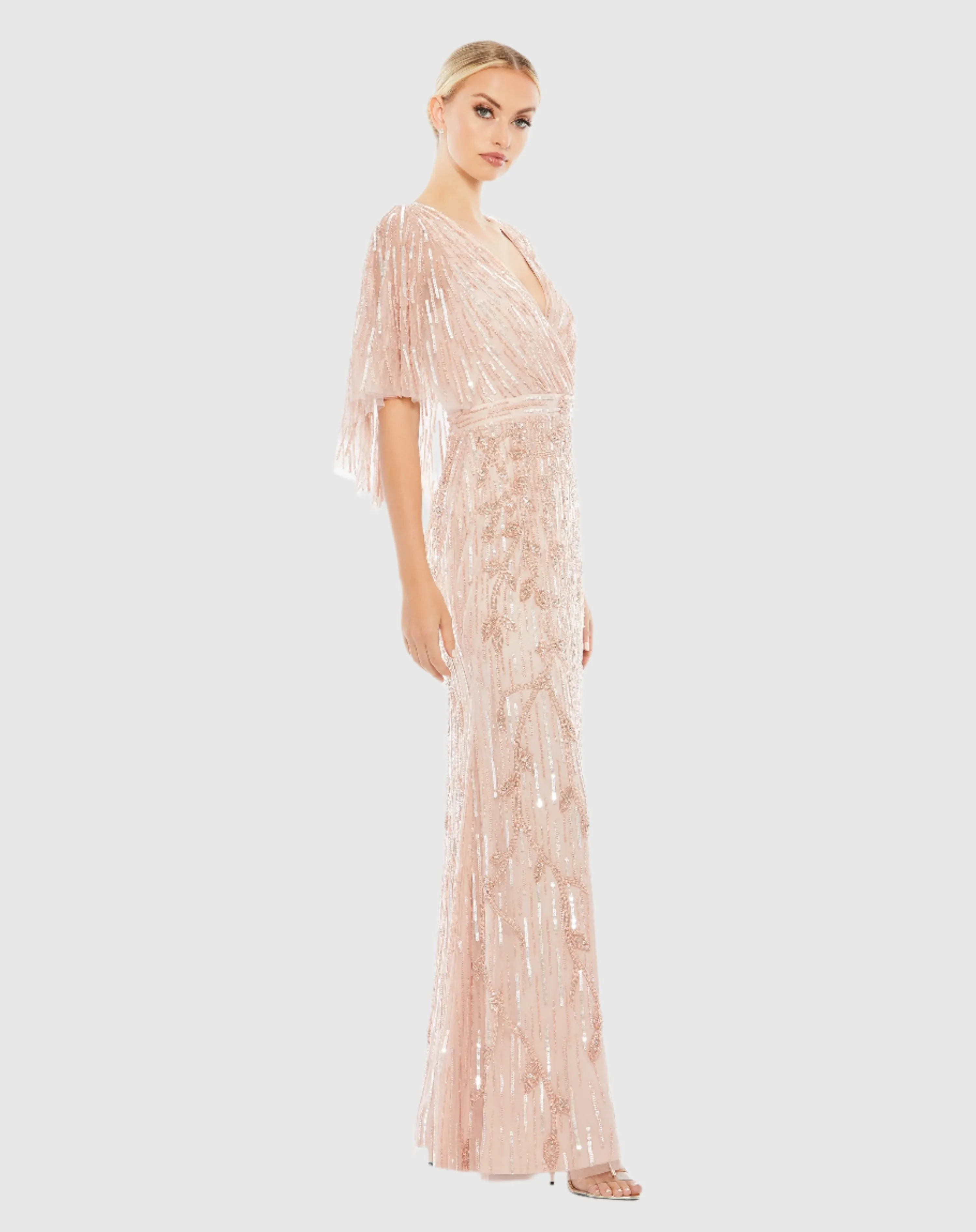 Embellished Cap Sleeve Faux Wrap Trumpet Gown