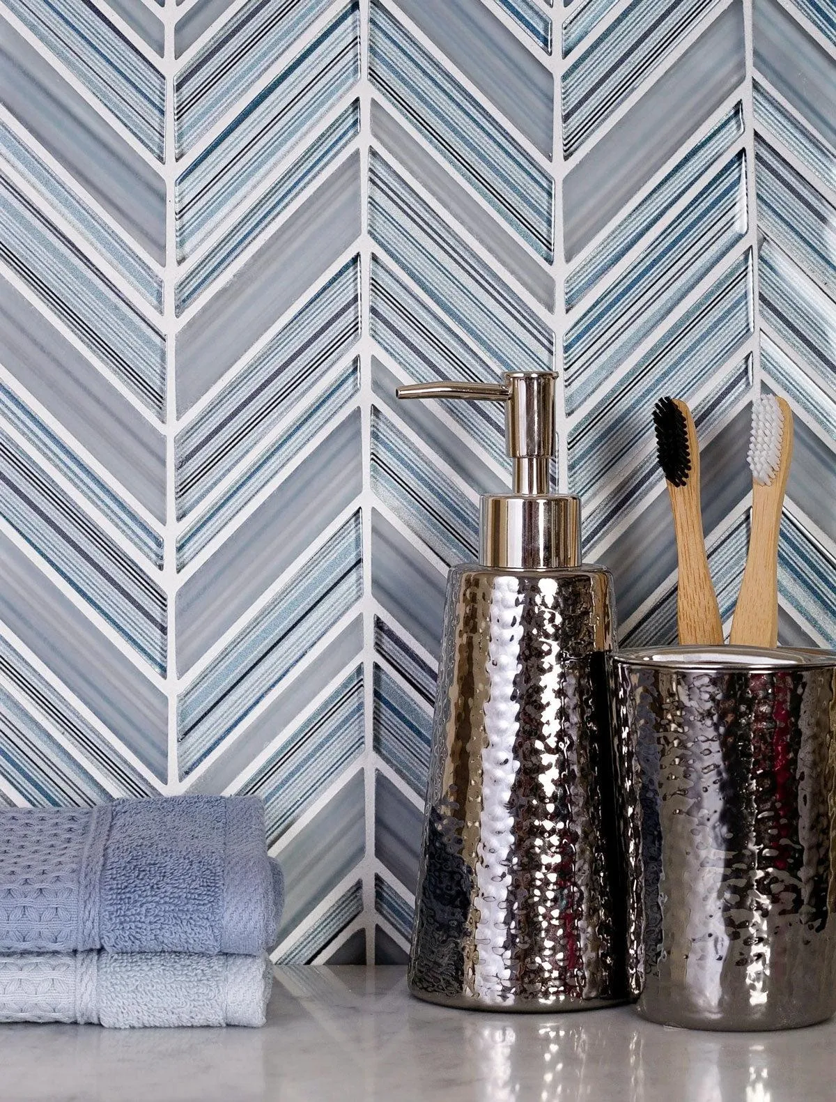 Fabrique Blue Grey Chevron Glass Mosaic Tile