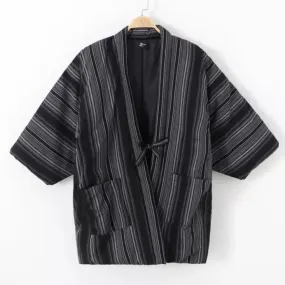 Gray and Black Quilted Cotton Hanten Winter Coat
