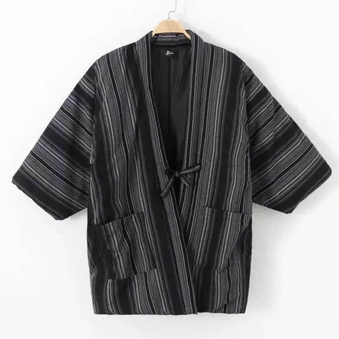 Gray and Black Quilted Cotton Hanten Winter Coat