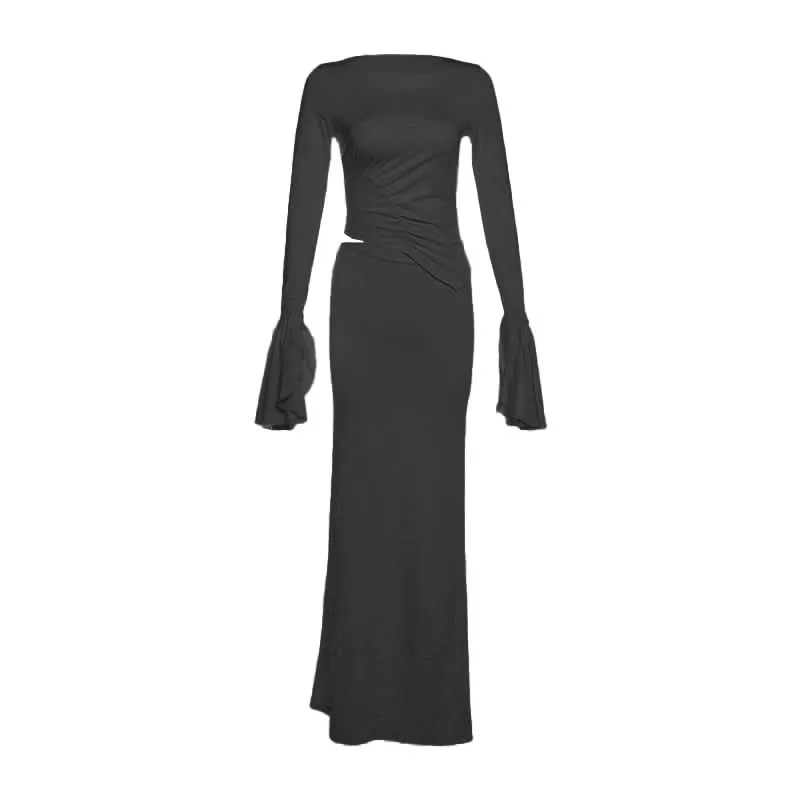 Long flared sleeve ruched maxi skirt set