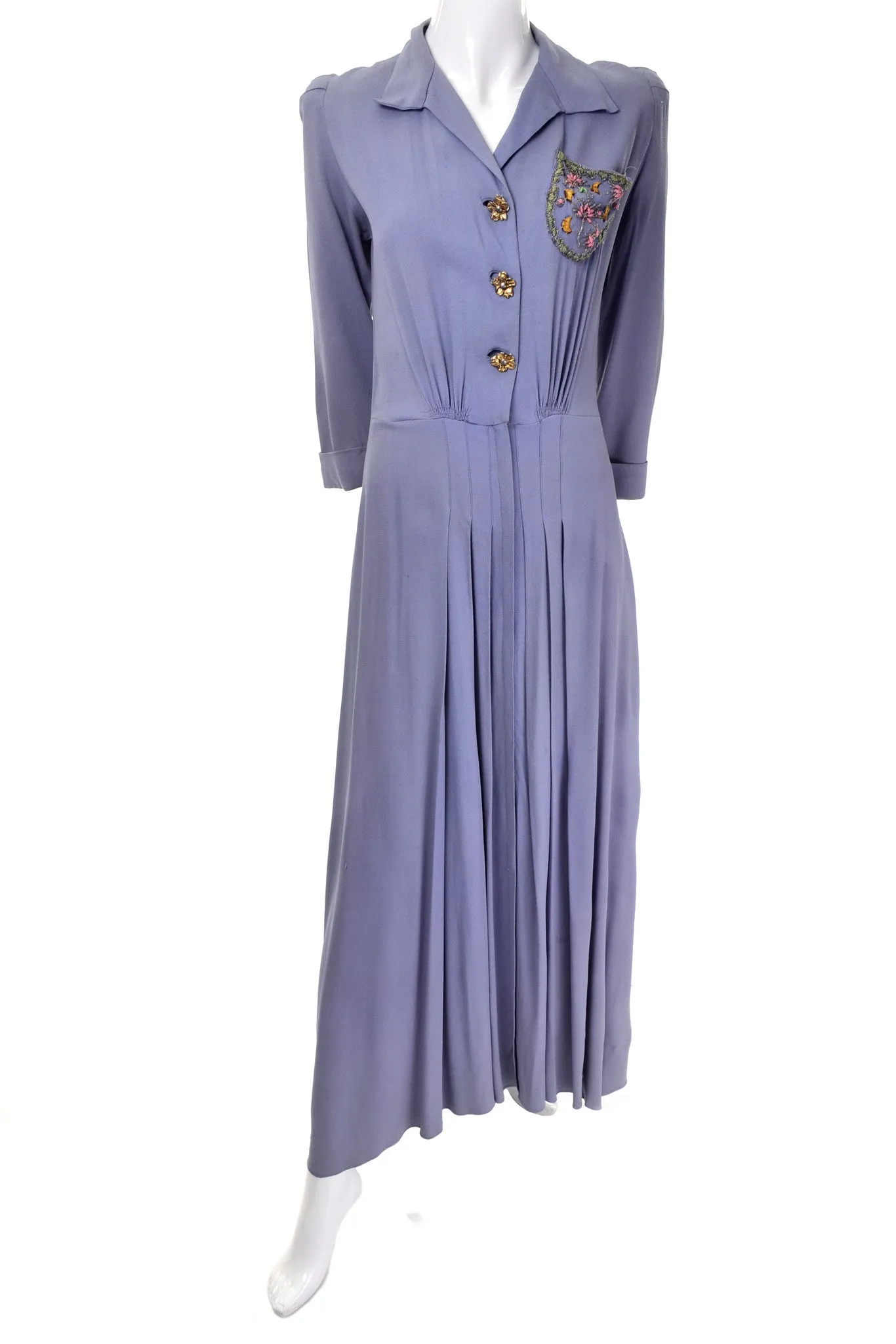 Periwinkle Blue Purple 1940's Vintage Dress Long with Pleats and Beading 8