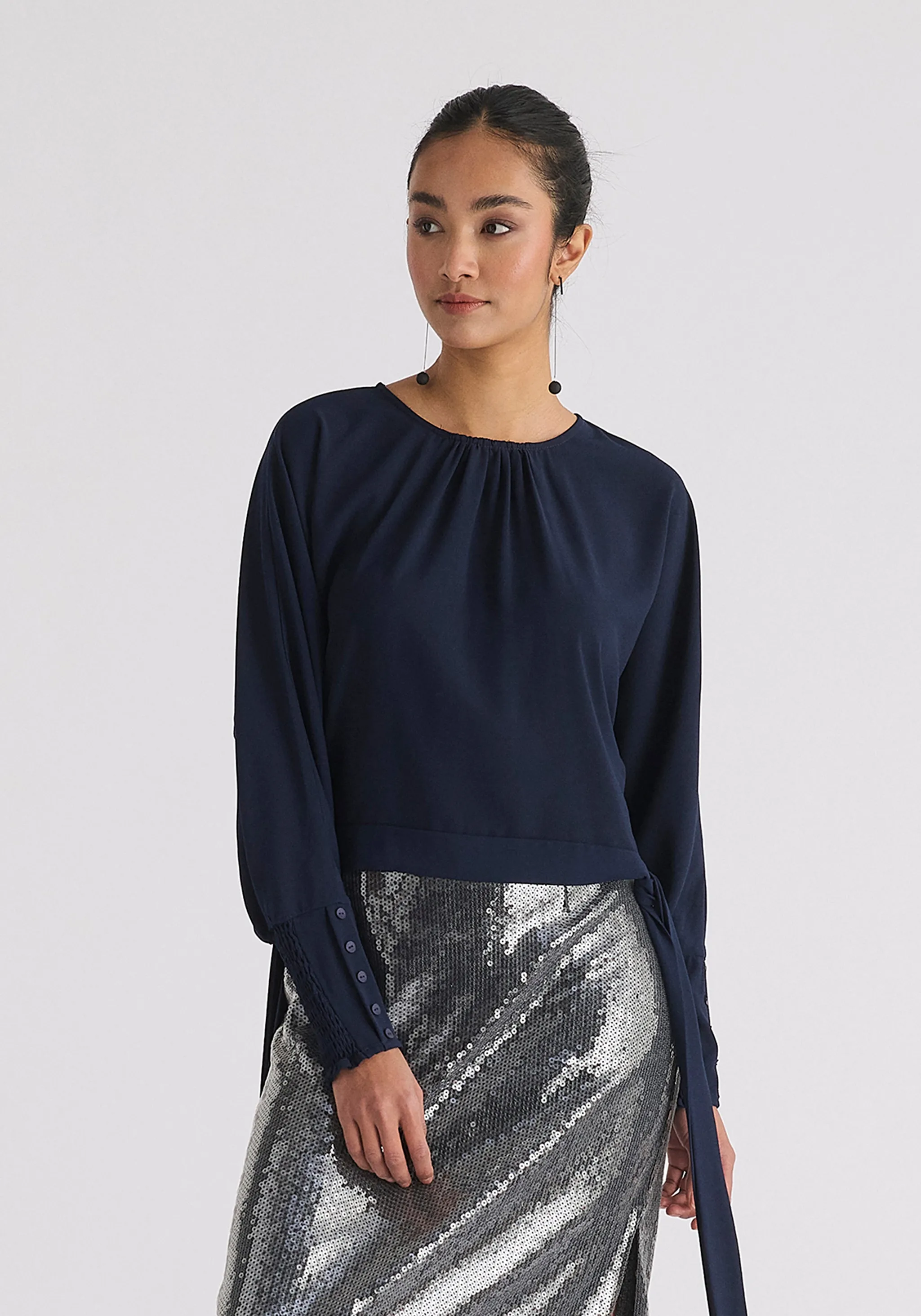 Waist Tie Top with Shirred Cuffs