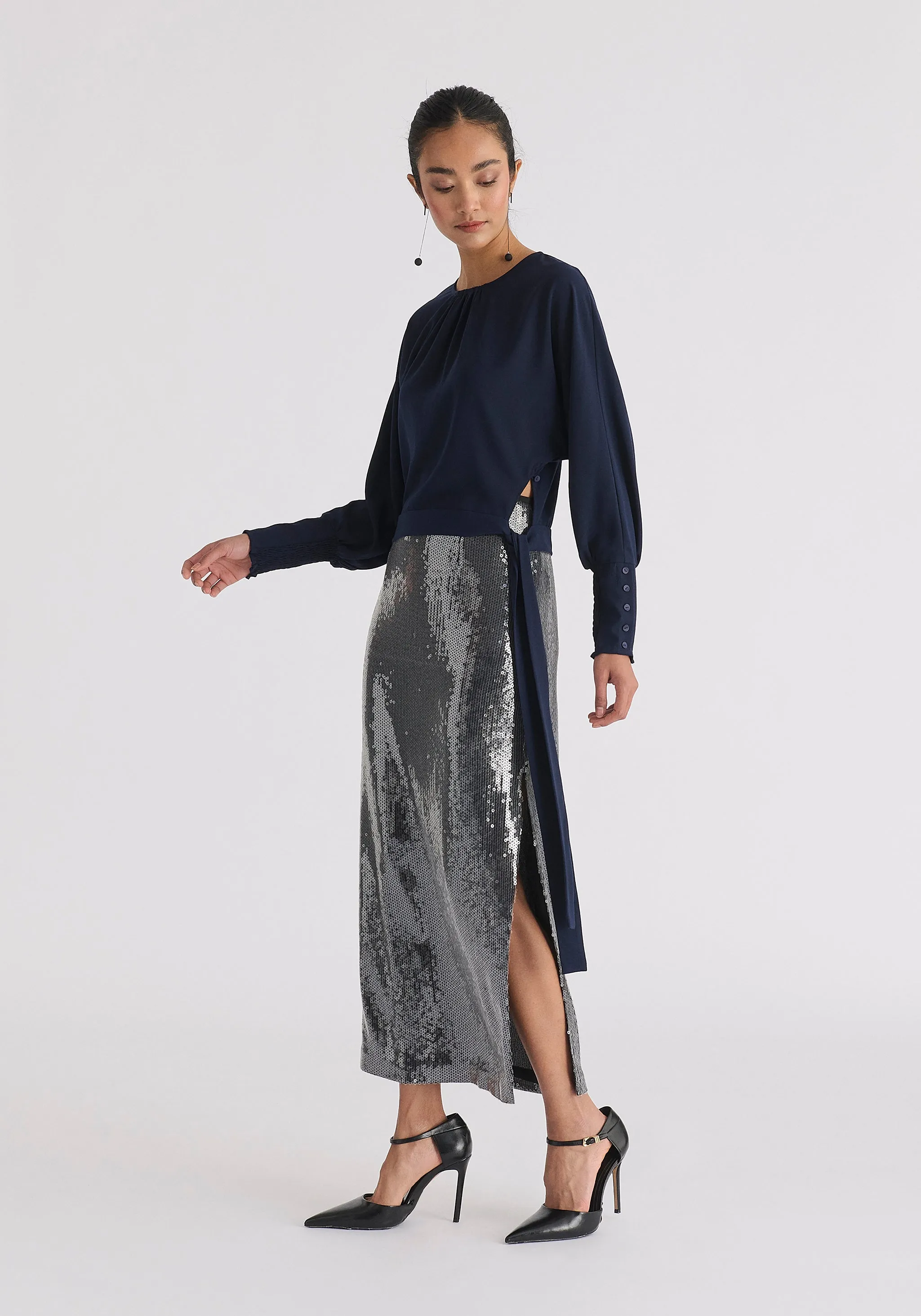 Waist Tie Top with Shirred Cuffs