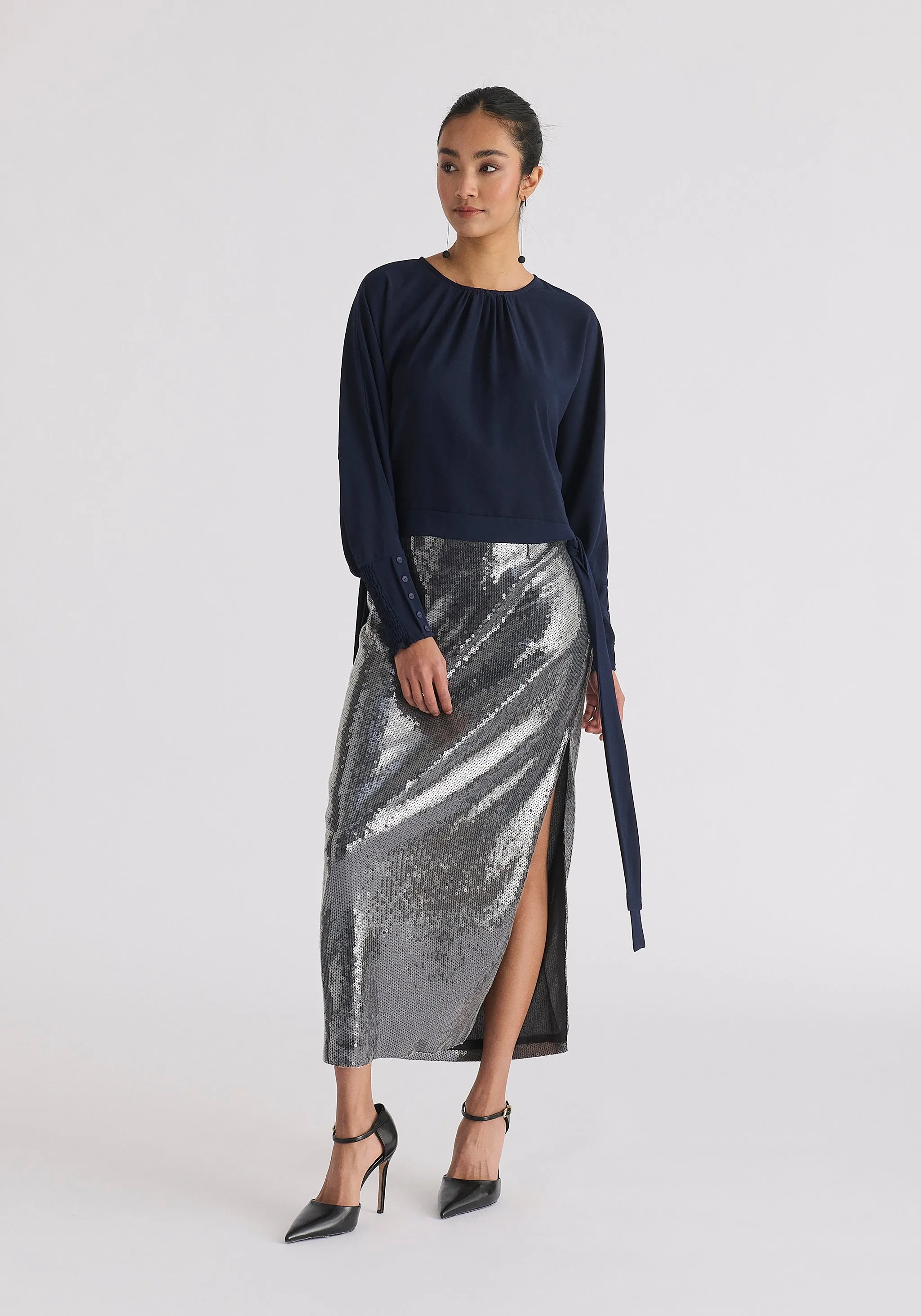 Waist Tie Top with Shirred Cuffs