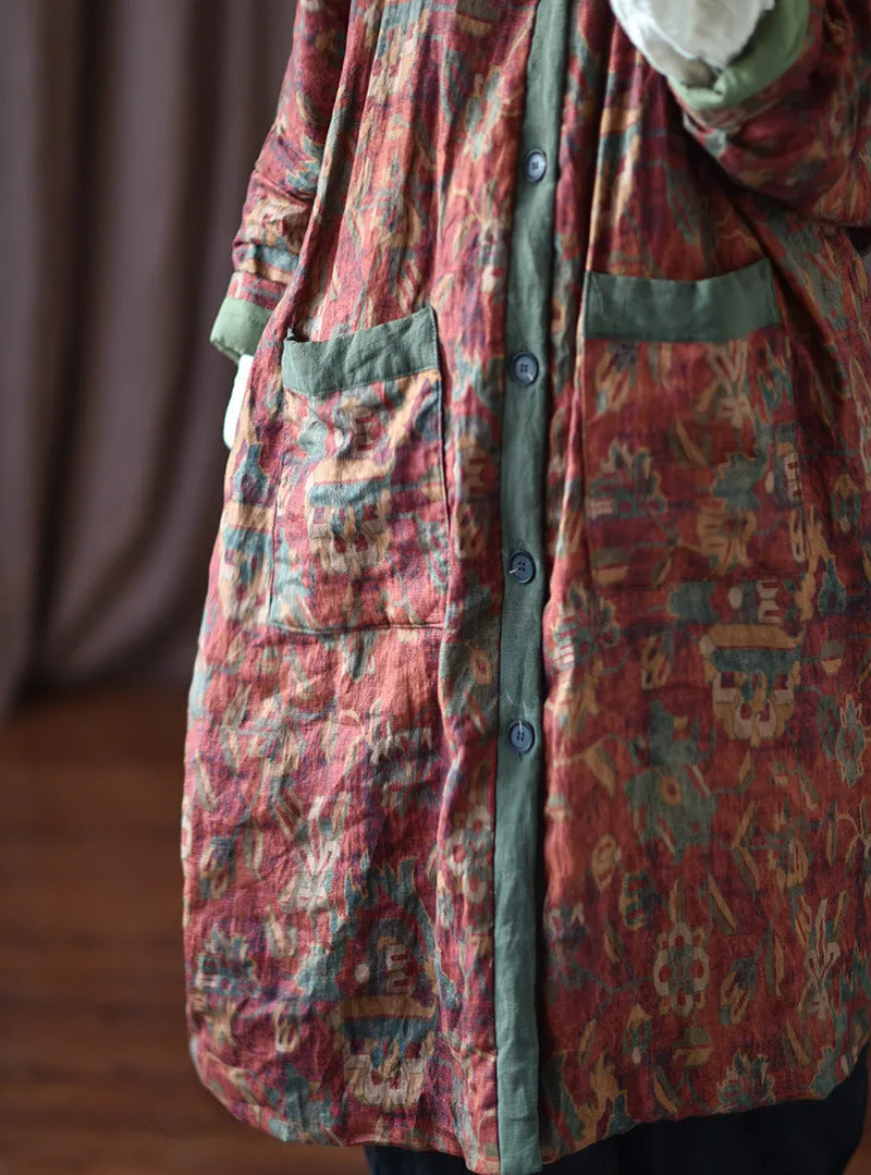 Warm Cozy Thick Vintage Bohemian Floral Quilted Long Cotton Linen Coat
