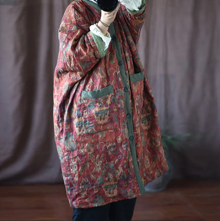 Warm Cozy Thick Vintage Bohemian Floral Quilted Long Cotton Linen Coat